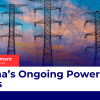 A press statement poster with electricity gridlines in the background, and caption "Ghana's Ongoing Power Crisis"